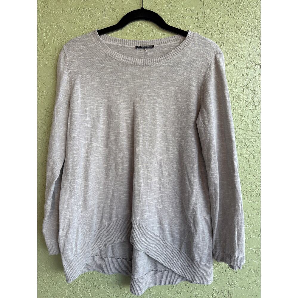 EILEEN FISHER Organic Linen-Cotton Long Sleeve Sweater Large Heather Grey